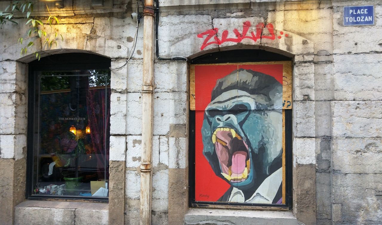 happycurio rauky singe monkey club place tolozan street art lyon