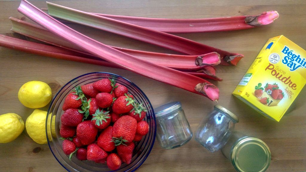 ingrédients pour confiture de fraises et rhubarbe