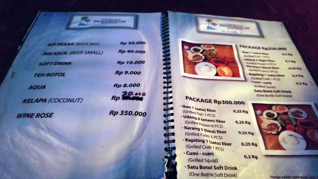 menu restaurant de poisson a jimbaran beach